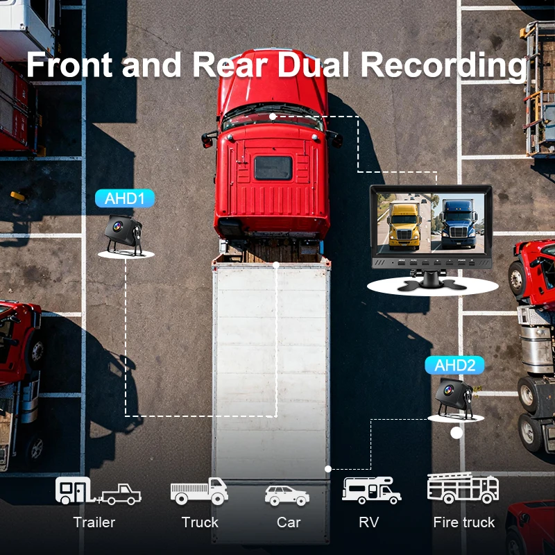 شاشة عرض IPS عالية الوضوح 1080P كاميرات احتياطية عكسية صورة عكسية 2CH 7 بوصة مسجل شاحنة مراقبة السيارة #5