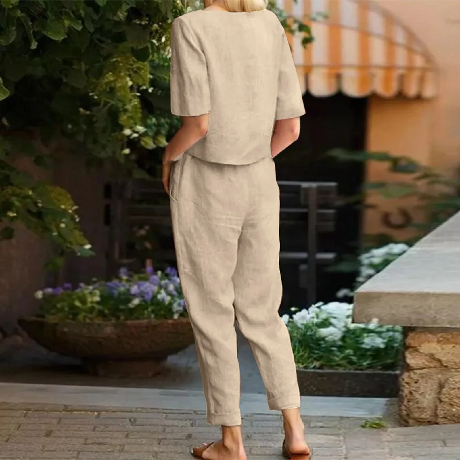 Women Trousers Suit Summer Lady Casual Cotton Linen Half Sleeve Round Neck Tops Loose Wide Leg Pants Vintage Tracksuit Outifits