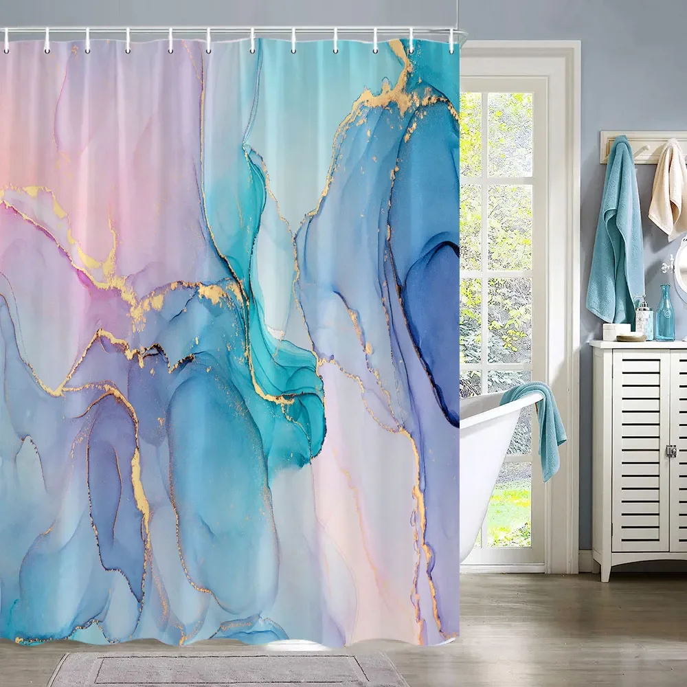 Marble Colour Spray Shaped Natural Luxury Abstract Fluid Texture Shower Curtain Free-Flowing Metallic Swirl Pattern Bath Curtain