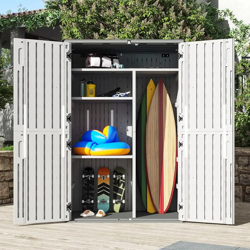 

64-Cubic Foot Outdoor Storage Shed with Shelving, Waterproof Cabinet, Trash Cans, Lawn Mowers, Generator, and Garden Tools