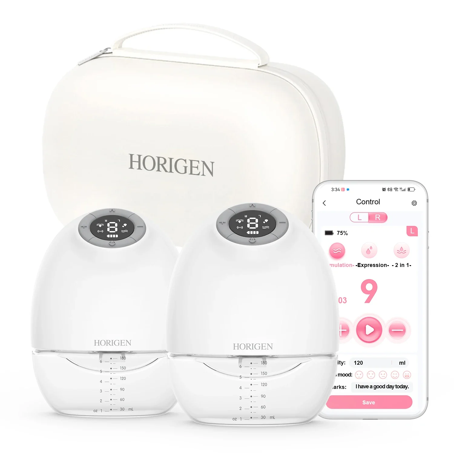 

HORIGEN App control portable electric wearable breast pump double size hands free milk pumps for breastfeeding