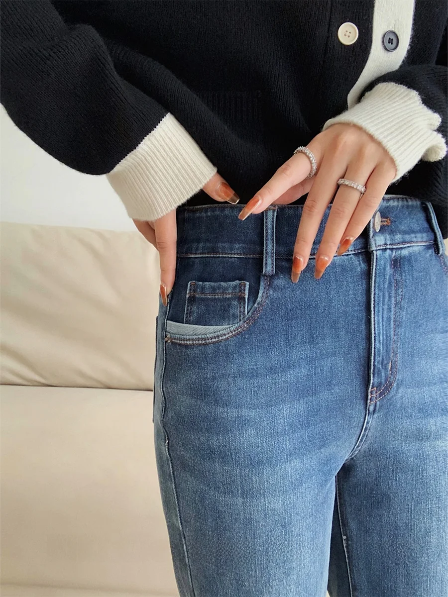 

Kiki Blue Denim Jeans High Waist Straight Leg Nine Points Casual Waed Retro Design Cotton Stretch Women's Premium Jeans