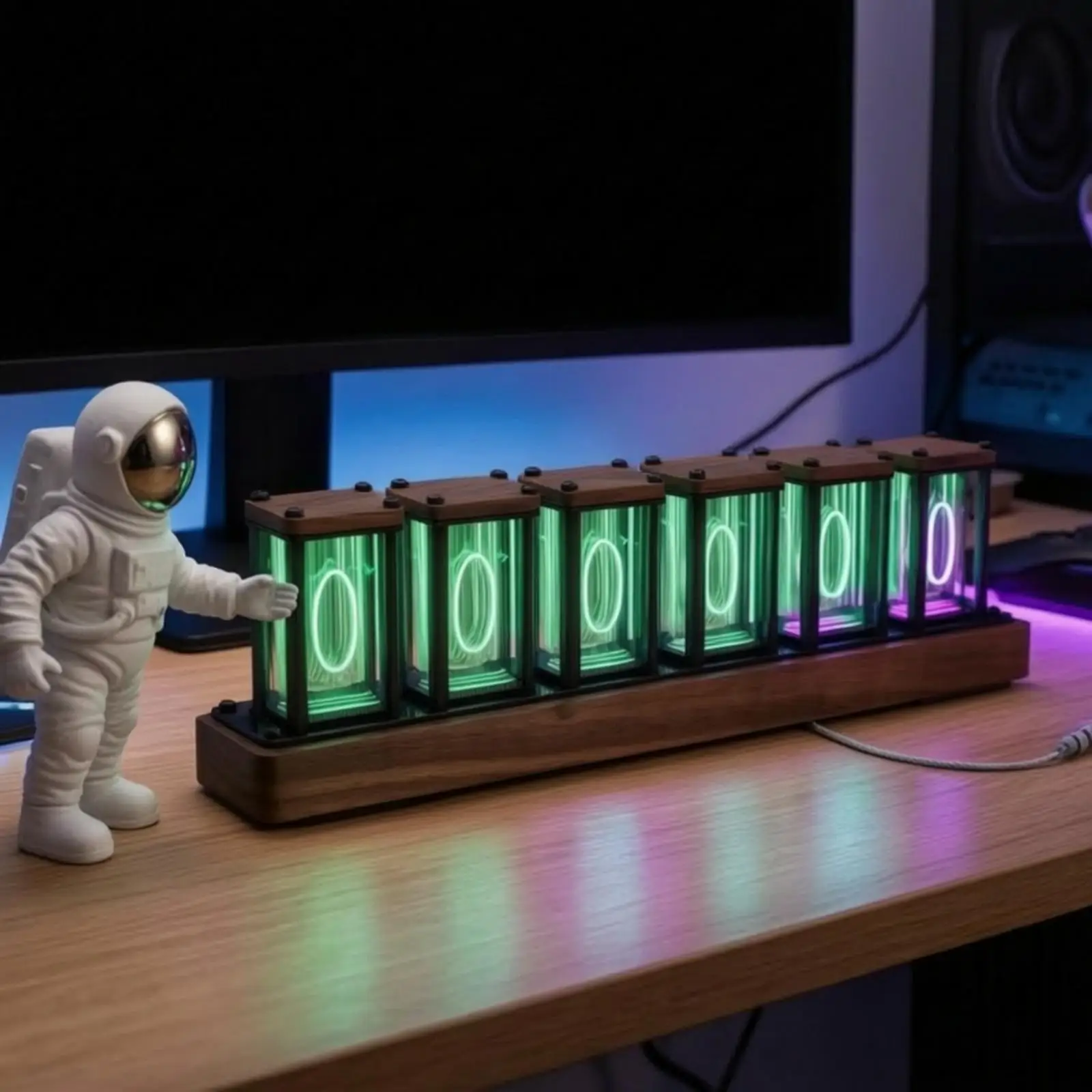 Ambient Light Digital Clock with Vintage Tube Style and Black Metal Frame for Desk