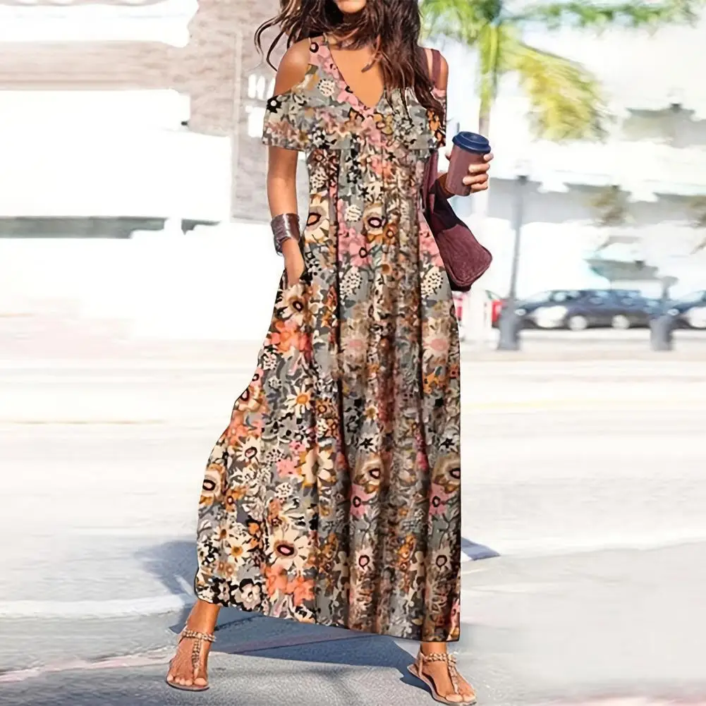 

Beautiful Women Maxi Dress Tight Waist Summer Dress Flower Print Loose Hem Lady Dress Keep Cooling