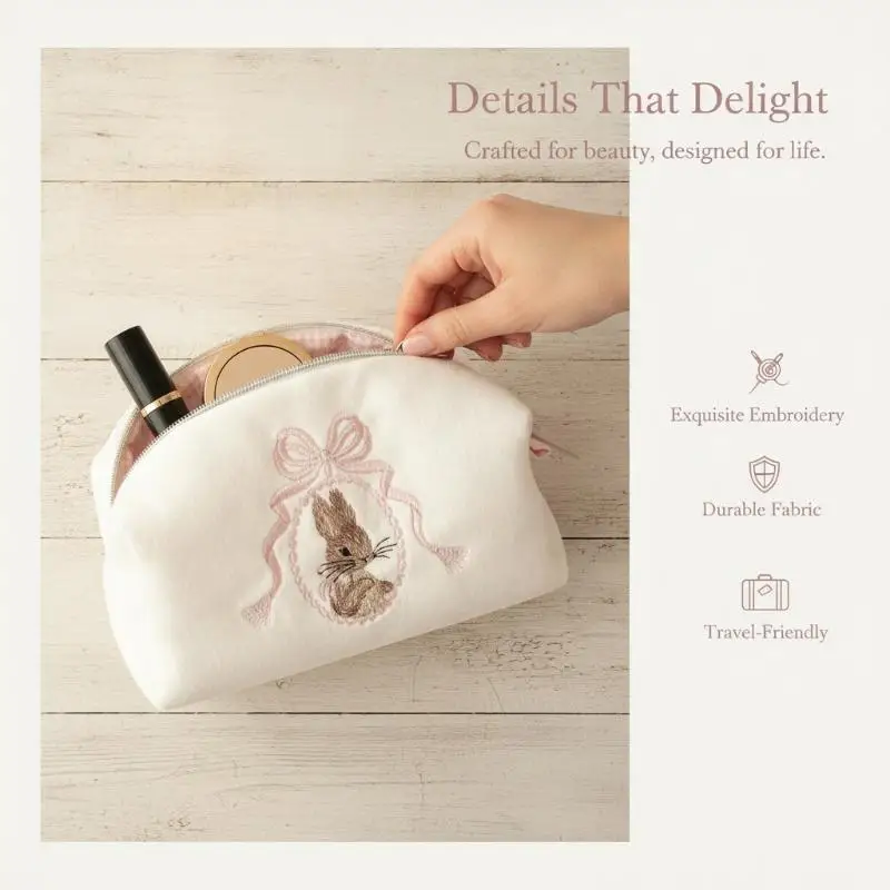 Lace Bow Rabbit Cosmetic Bag Portable Large Capacity Travel Makeup Organizer for Daily Skincare Storage