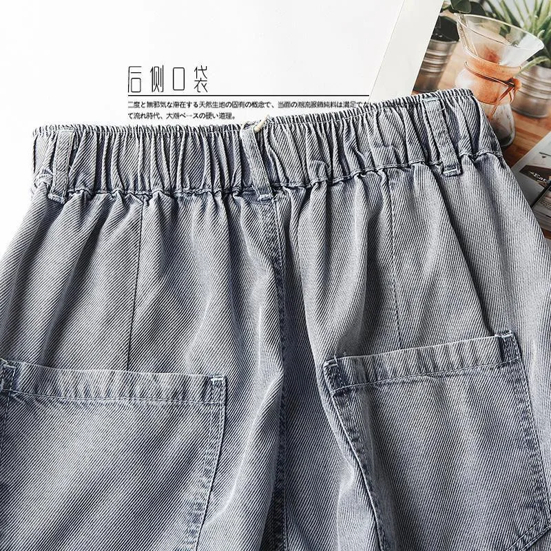 Imagem -05 - Shorts Jeans Soltos de Algodão Feminino Cintura Elástica Perna Larga Que Combina com Tudo Calça Casual Quente Moda Coreana Verão Novo P145 2023