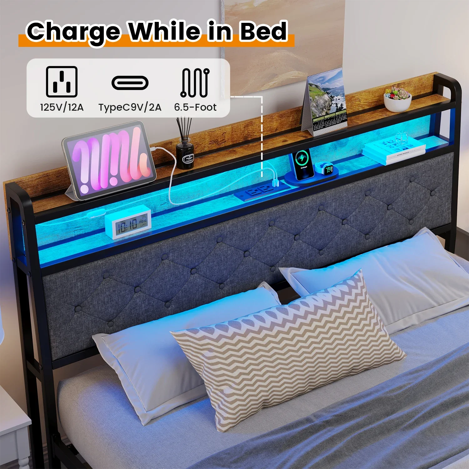 Queen Size Bed Frame with Ergonomic Headboard, Platform Bed Frame with RGB Lights, Outlets & Charger, Fast Assembly,Noise Free