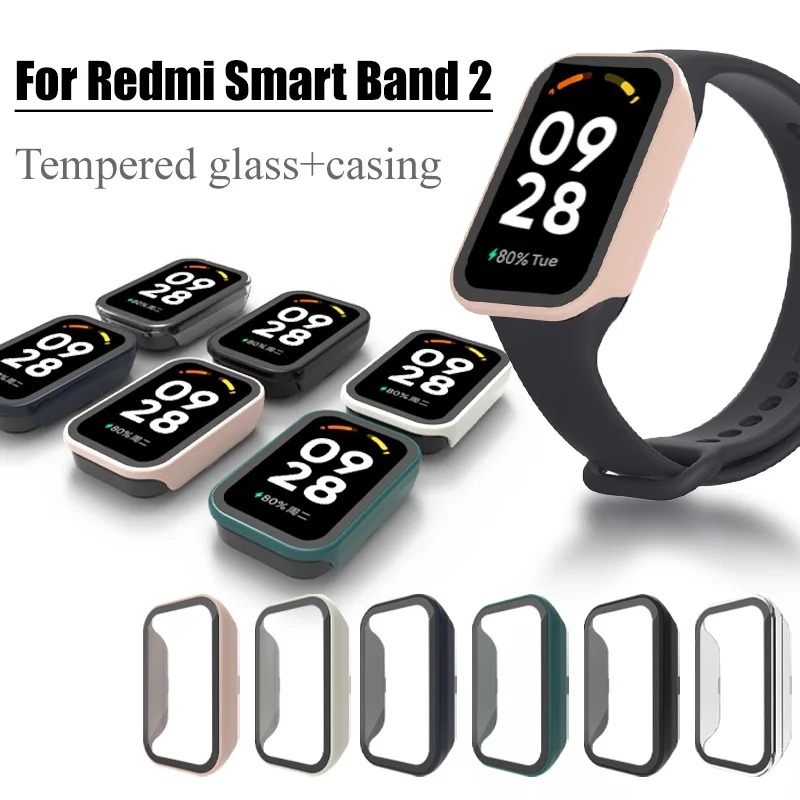 For Redmi Smart Band 2 Case Cover Hard PC Case with Tempered Glass Film Screen Protector Watch Bumper Case accessories