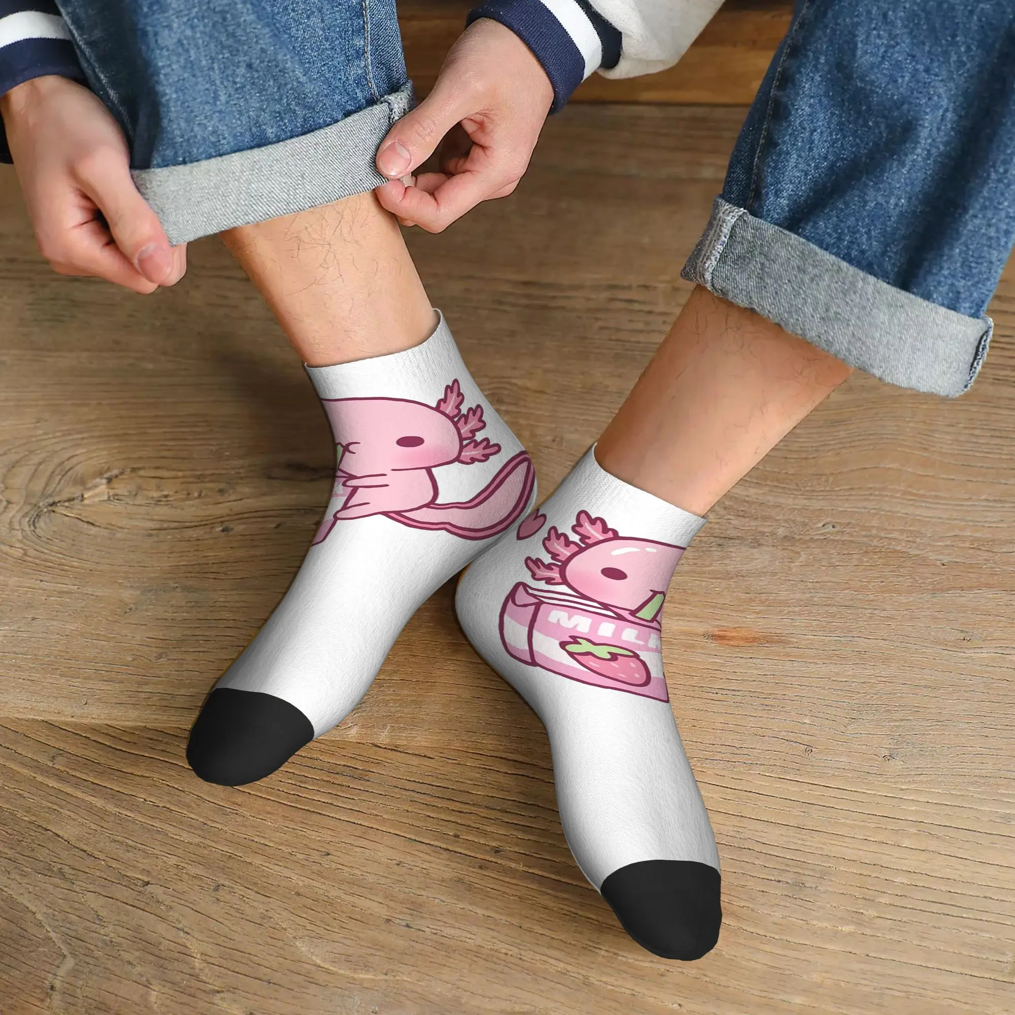 Cute Axolotl Loves Strawberry Milk Doodle  Socks Harajuku Sweat Absorbing Stockings All Season Socks Accessories for Man Woman