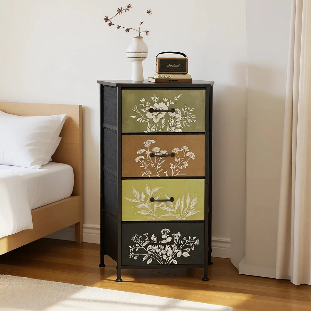 

Vintage Vertical Dresser with Botanical Fabric Drawers for Closet Bathroom Storage Bedside Organizer Farmhouse Style