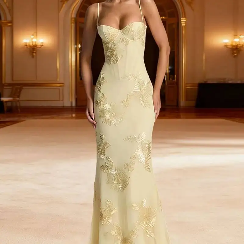 

Sexy Mesh Flower Embroidery Dress Evening Club Party Mermaid Dresses Women Summer Autumn Bodycon Bnadage Backless Maxi Long Robe