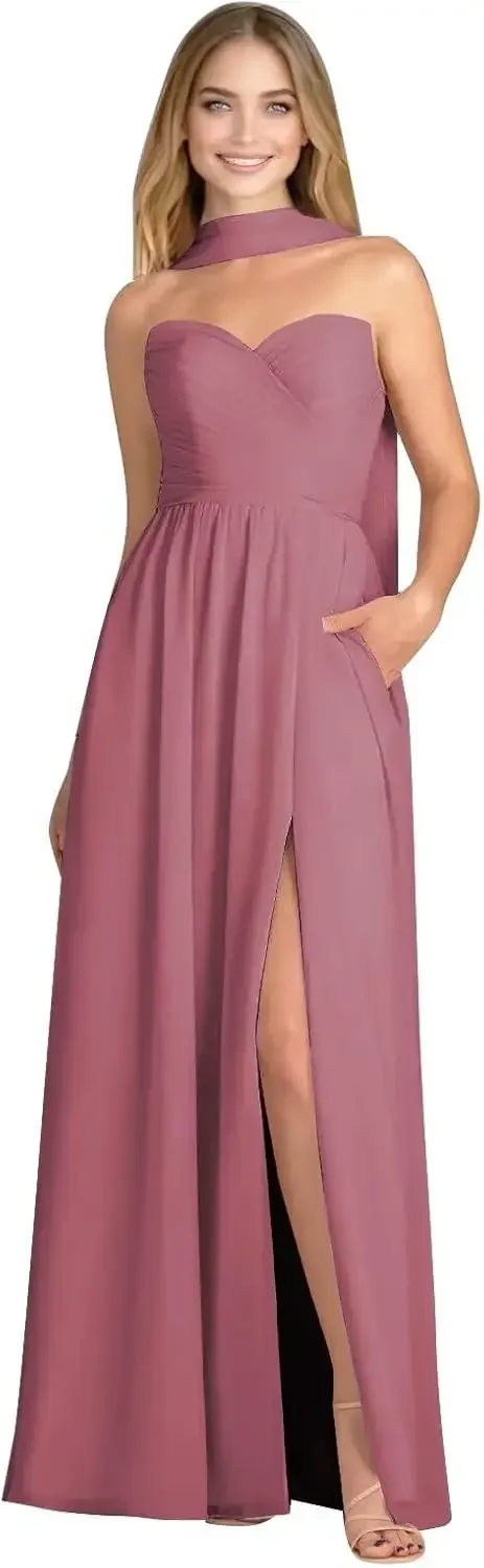 Scarf Chiffon Bridesmaid Dresses Strapless Ruffle Slit Long Formal Evening Dress with Pockets Prom Dress Party Graduation Dress