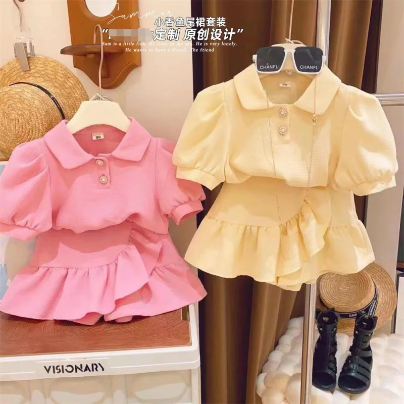 

Girls' Children Buckle Bubble Lapel Short Sleeve Western Style Fishtail Culottes Two-Piece Suit Summer New