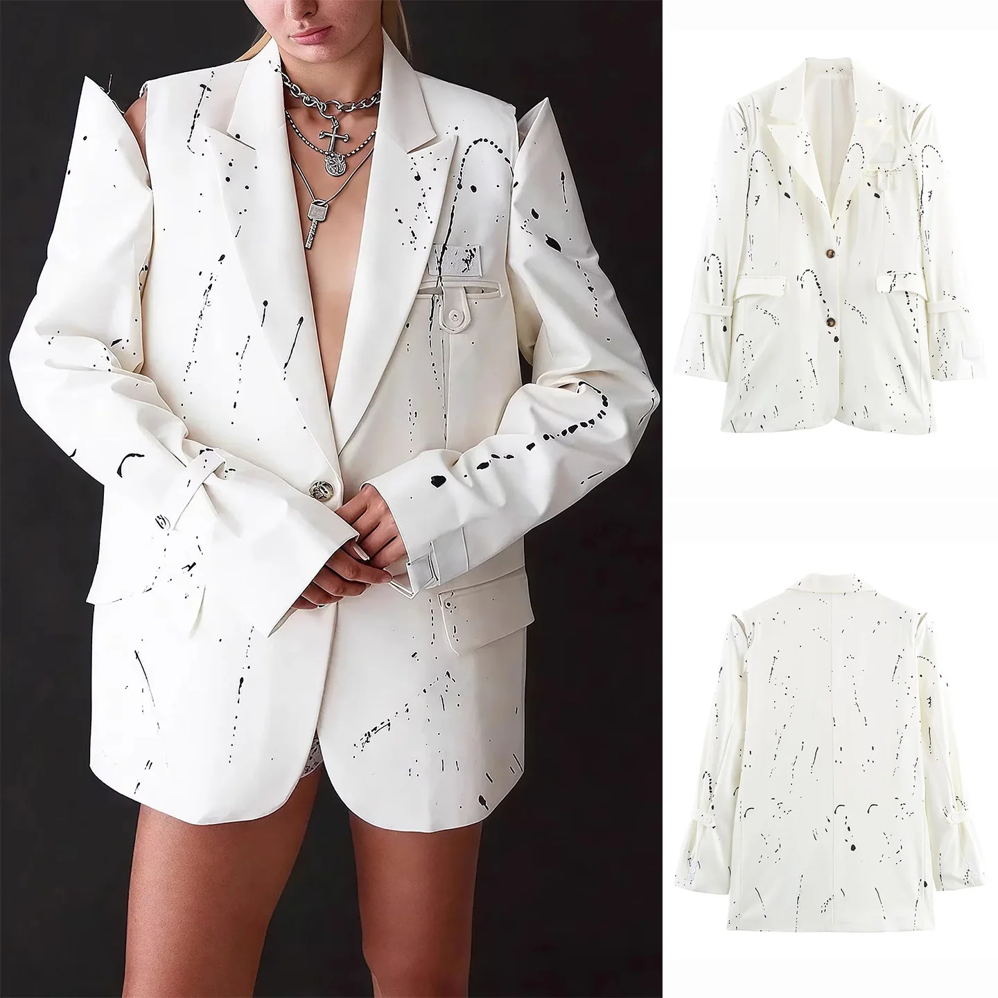 

Новое осеннее поступление, женский повседневный костюм с отложным воротником на одной пуговице, длинный костюм с чернильным принтом и воротником-стойкой, Ja...