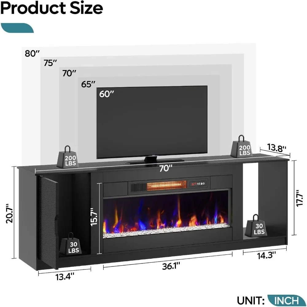 Suporte de TV com lareira moderna de 70" para TVs de até 80" com luzes LED e armários de armazenamento (fibra de carbono preta, 70 polegadas) |