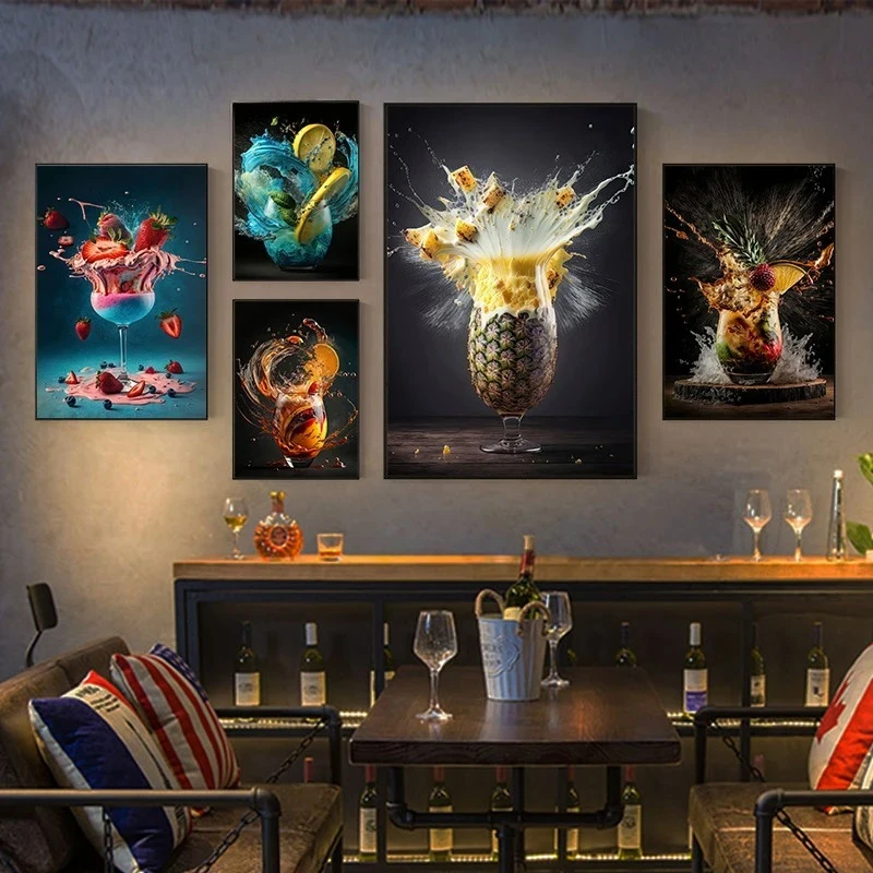 2026 Canvas Wall Art Modern Retro Dining Bar Coffee Canvas Painting Cocktail Explosion Pictures Fruit Pizza Coffee Splash