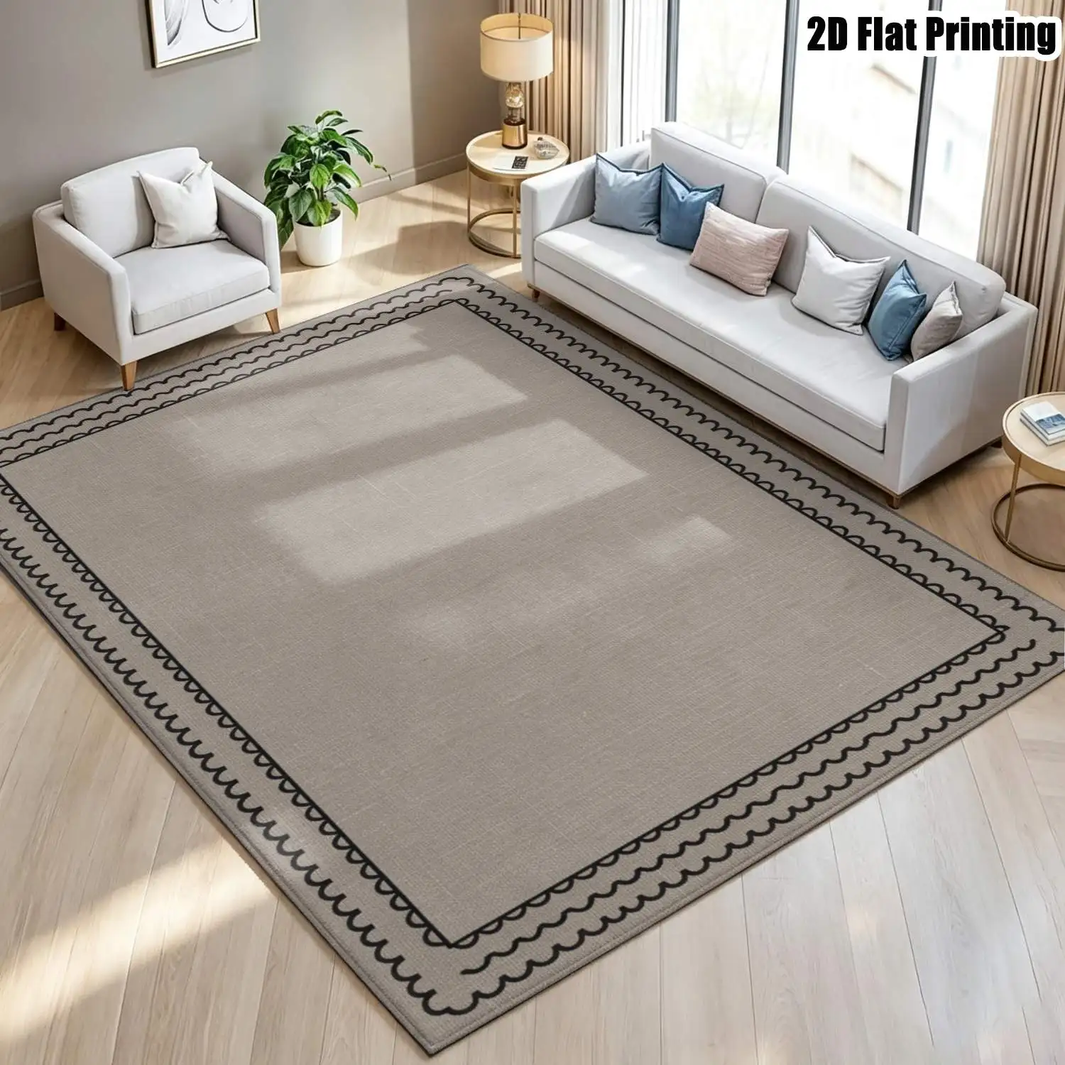 1Pc 2D Printed Carpet: Light Brown Wave Border, Nordic/Instagram Style, Minimalist Home Decor Mat, Machine Washable, Multi-Size, Suitable for Entrance, Dining, Foyer, Study, Living Room, Bedroom