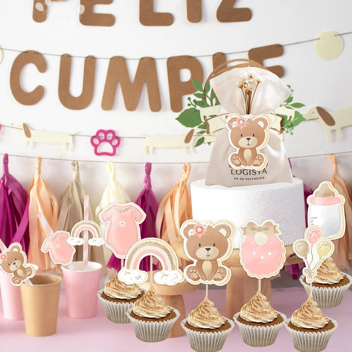 1set Cartoon Bear Cake Toppers Blue Pink Series Paper Tags Straws for Baby Shower Kids Birthday Party Decorations DIY Packaging