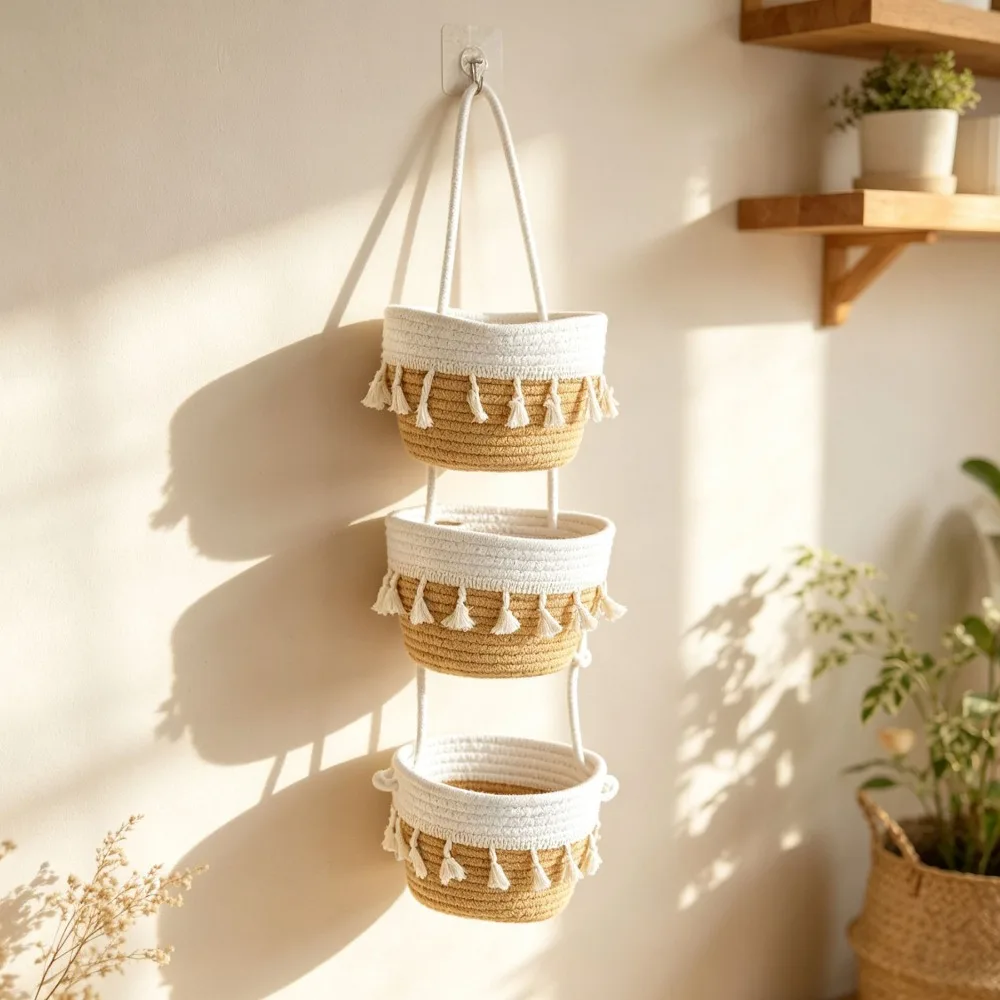 Cotton Rope Hanging Storage Basket Tiered Structure Handmade Woven Hanging Organizer Tassel Detail Space Saving