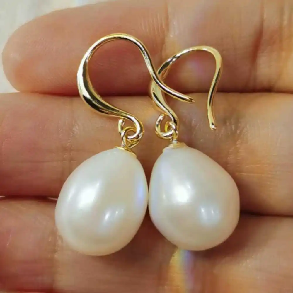 

11-12MM huge natural flawless freshwater pearl drop earrings Hoop Beaded Bridal Ear Gemstone Men