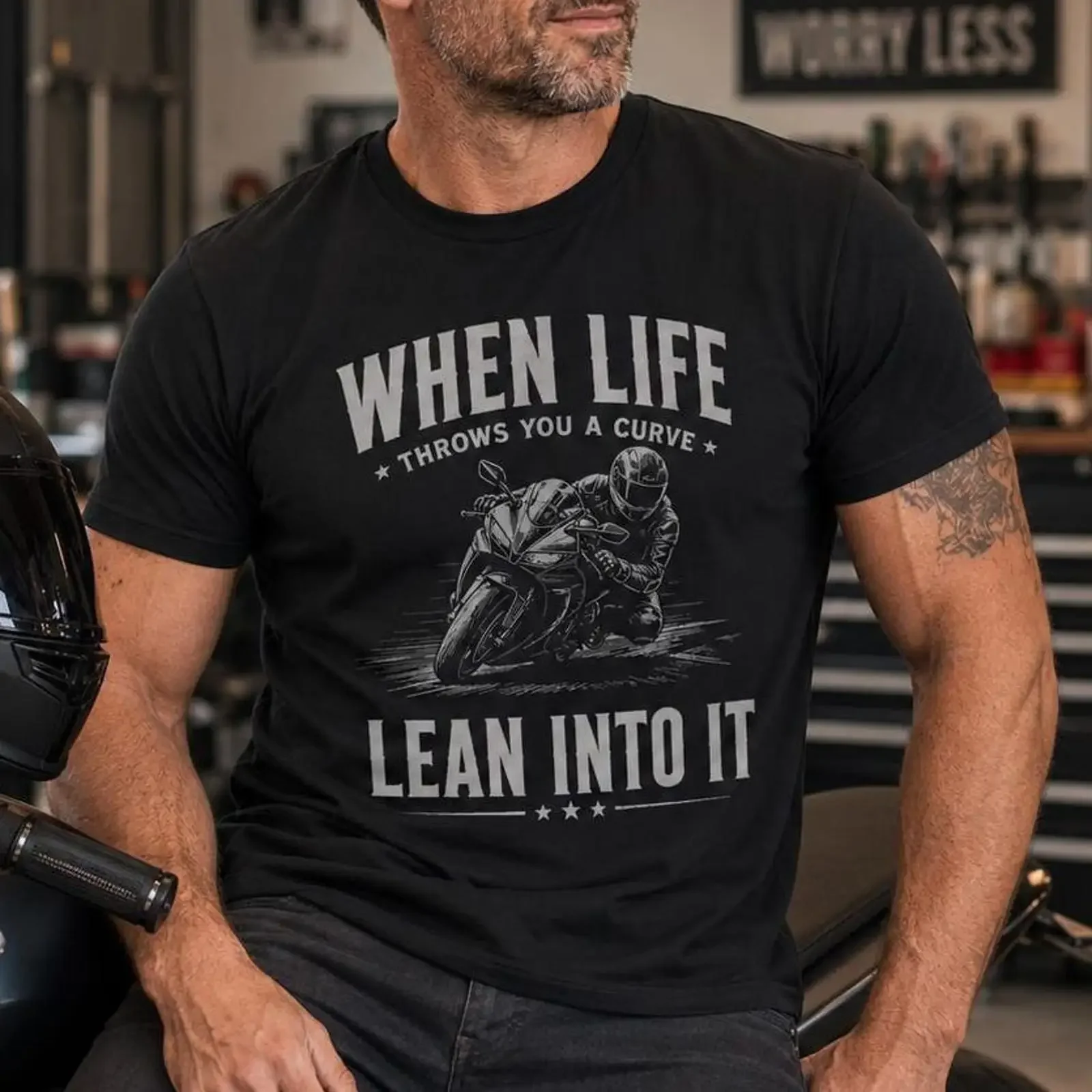 Men's 'When Life Throws You A Curve Lean Into It' Sportbike T Shirt Vintage Superbike Motorcycle Rider Funny Biker Humor