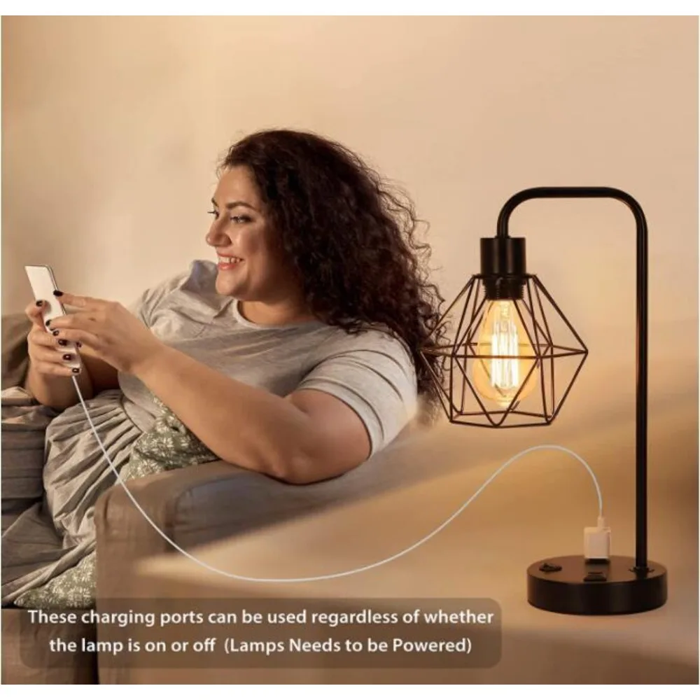 2x Industrial Desk Lamp Vintage Edison Bedside Table Lamp 2 USB Ports AC Outlet