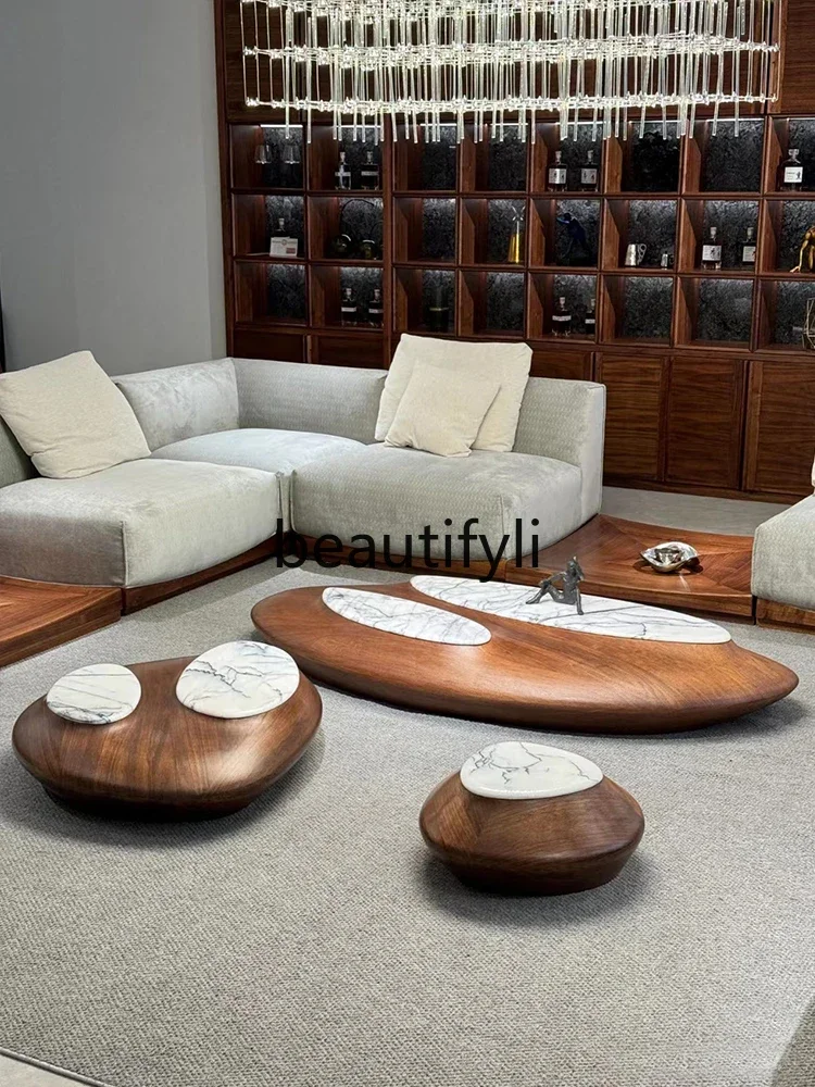 North American black walnut solid wood coffee table Italian style living room cobblestone oval coffee table combination