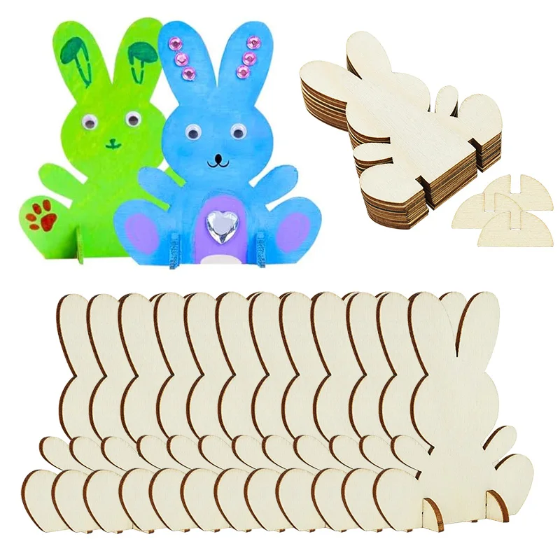

5/10Pcs 3D Unfinished Wooden Easter Cute Bunny Cartoon Rabbit Wooden Ornaments Happy Easter Party Home Table Decoration Supplies