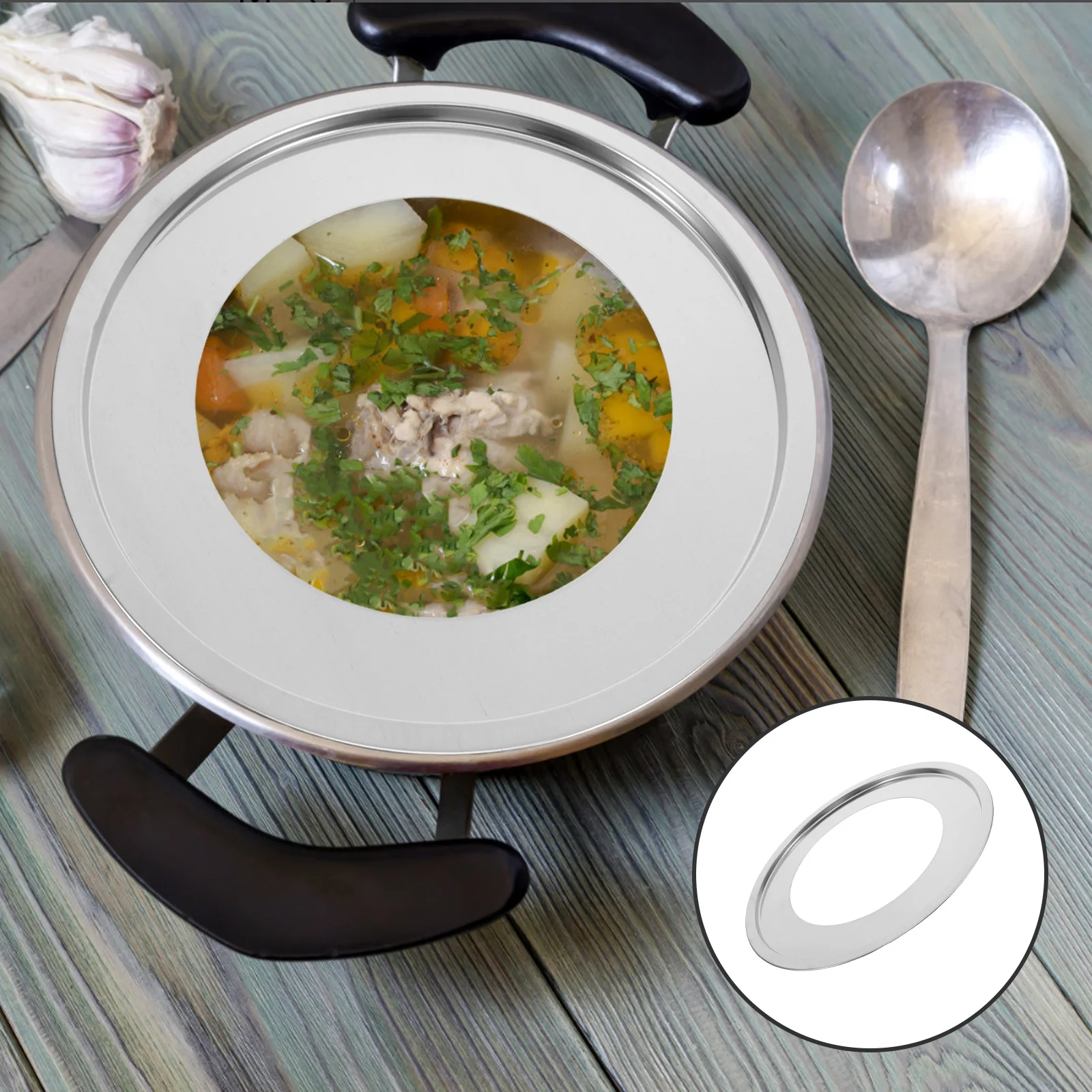 

Steamed Slices in Steamer Round Steaming Ring for Pots Stainless Steel Basket Rice Cooker Rack Shelf Table Adapter
