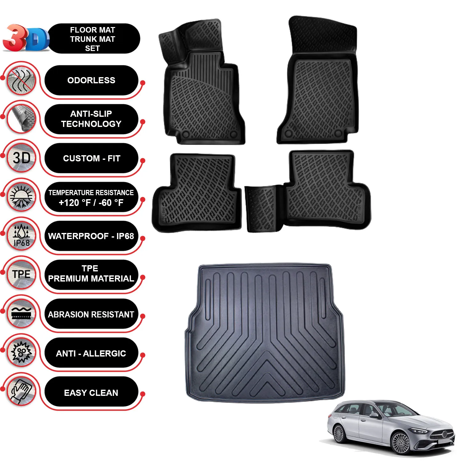 Mercedes C Class W205 Estate - (2015-2021) - Floor Mats + Cargo Trunk Liner - SET