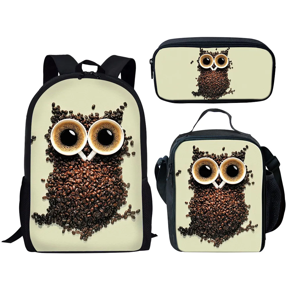 Colorido Coruja Animal Padrão School Bag Set para Meninas e Meninos, Mochila Alça de Ombro Ajustável, Campus Daily Book Bags, 3pcs