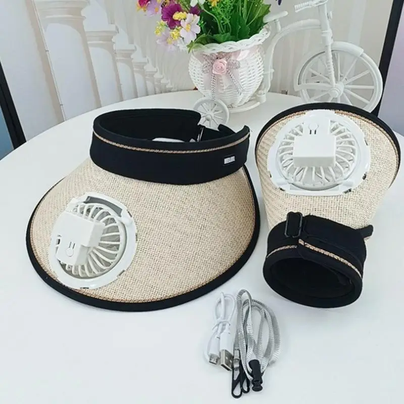 USB Charging with Fan Hat Hollow Top Hat USB Charging Sunscreen Breathable Cooling Fan Hat Large Brim Sunscreen Cap UV