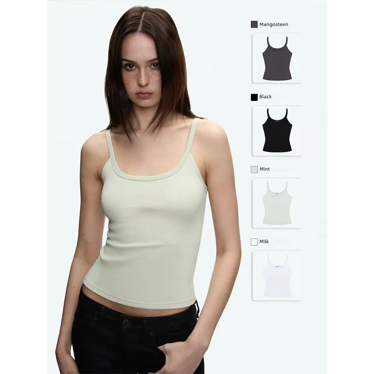 Tank Brown and Mint Cotton Elastic U-Neck Suspender Vest Minimalist Versatile Black and White Thread Slim Top