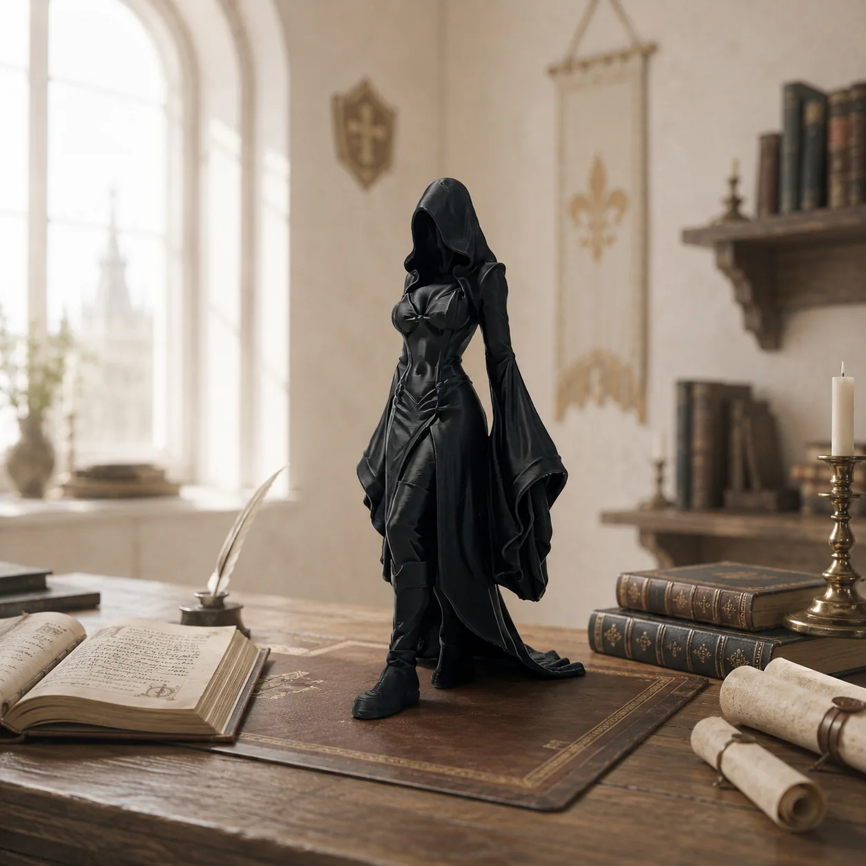 Hooded Female Sorcerer Figurine 3D Printed Matte Black Mysterious Witch Sculpture Desktop Home Office Aesthetic Decor  Gift