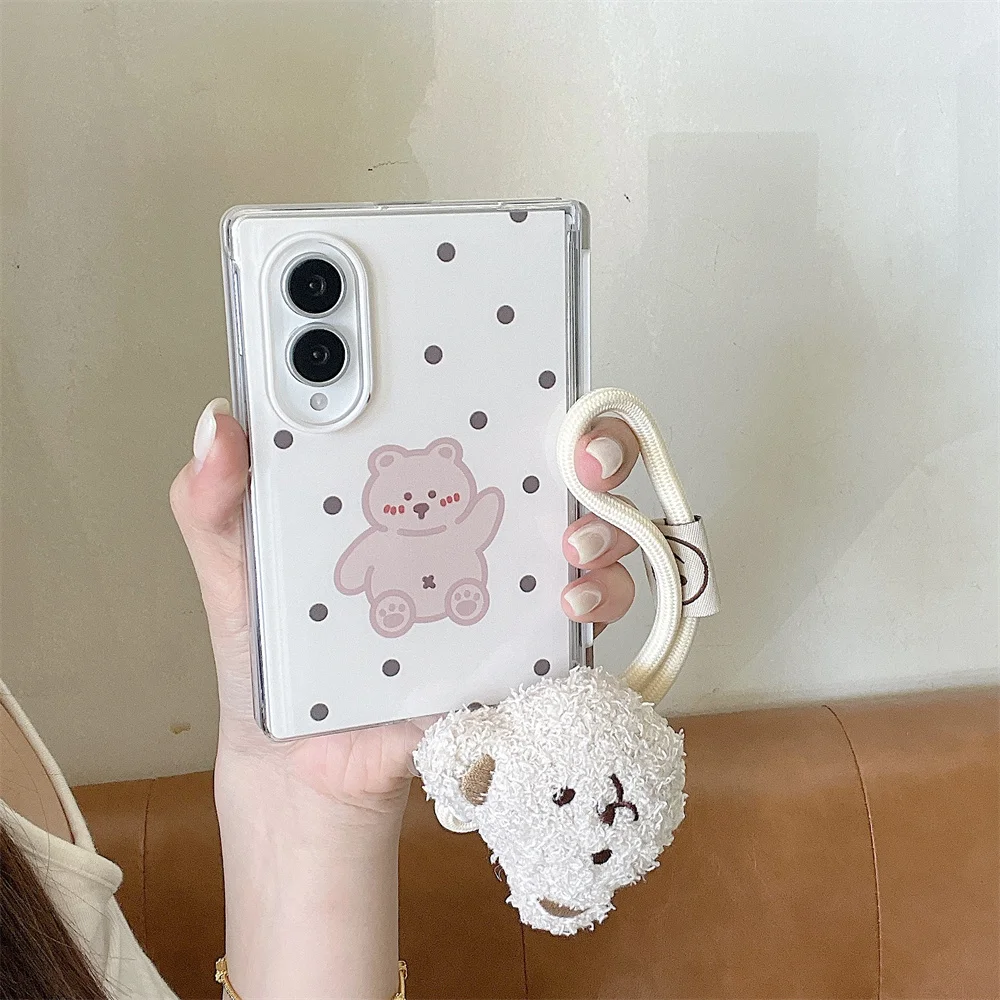 Cute Brown Polka Dot Pink Bear Phone Case For Samsung Galaxy Z Fold 8 With Plush Bear PC Shockproof Protective Foldable Cover