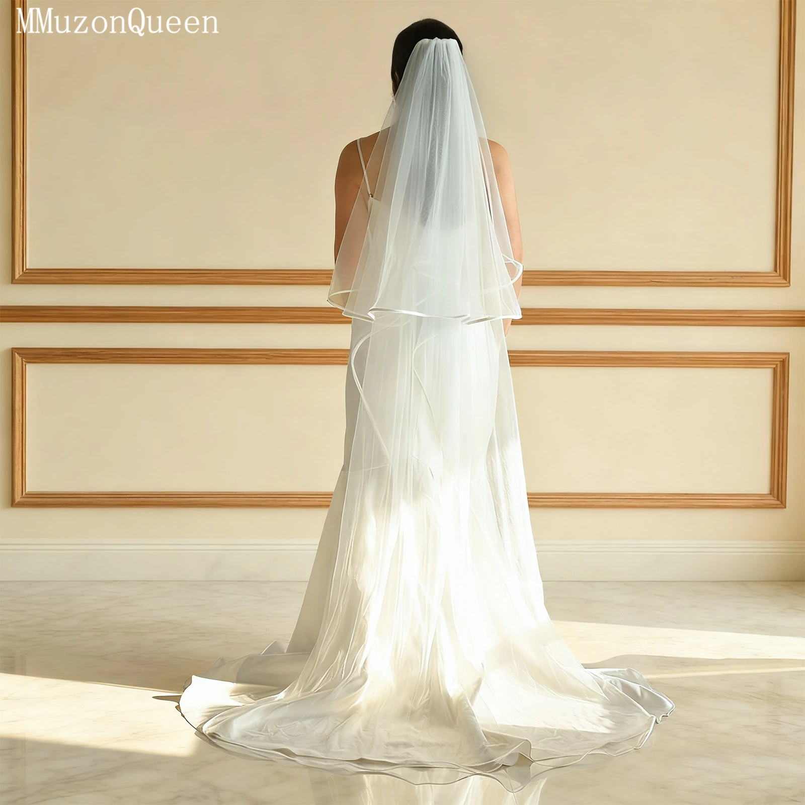 TOPQUEEN V97 حجاب الزفاف 2-Layer الشريط حافة طرحة الزفاف مع مسحوق أحمر الخدود اكسسوارات الزفاف الحجاب الطويل للتخصيص