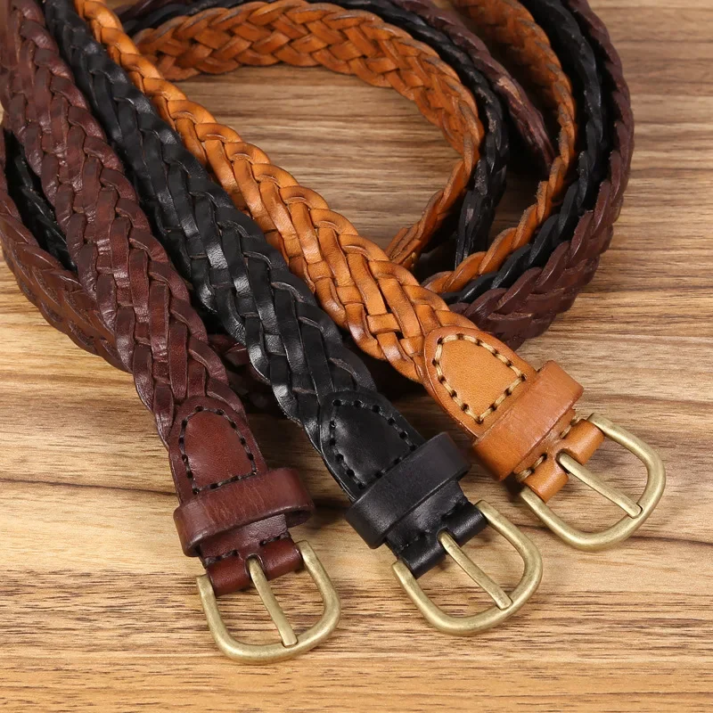 2.5cm Genuine Leather Braided Belt Casual Needle Buckle Cowhide Woven Fashiona Pants Belt