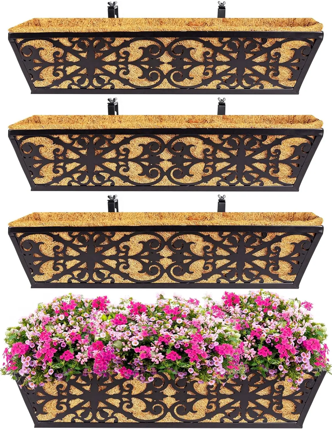 

4 Pack 24 Inch Window Boxes Planters with Adjustable Brackets & Coco Liners Fabric Grow Bags for Deck Railing Balcony Outdoor