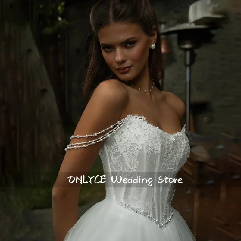Modern Pleat Lace A-Line Wedding Dress Appliques Boat-Neck Off The Shoulder Open Back Bridal Gown Vestidos De Novia Customized