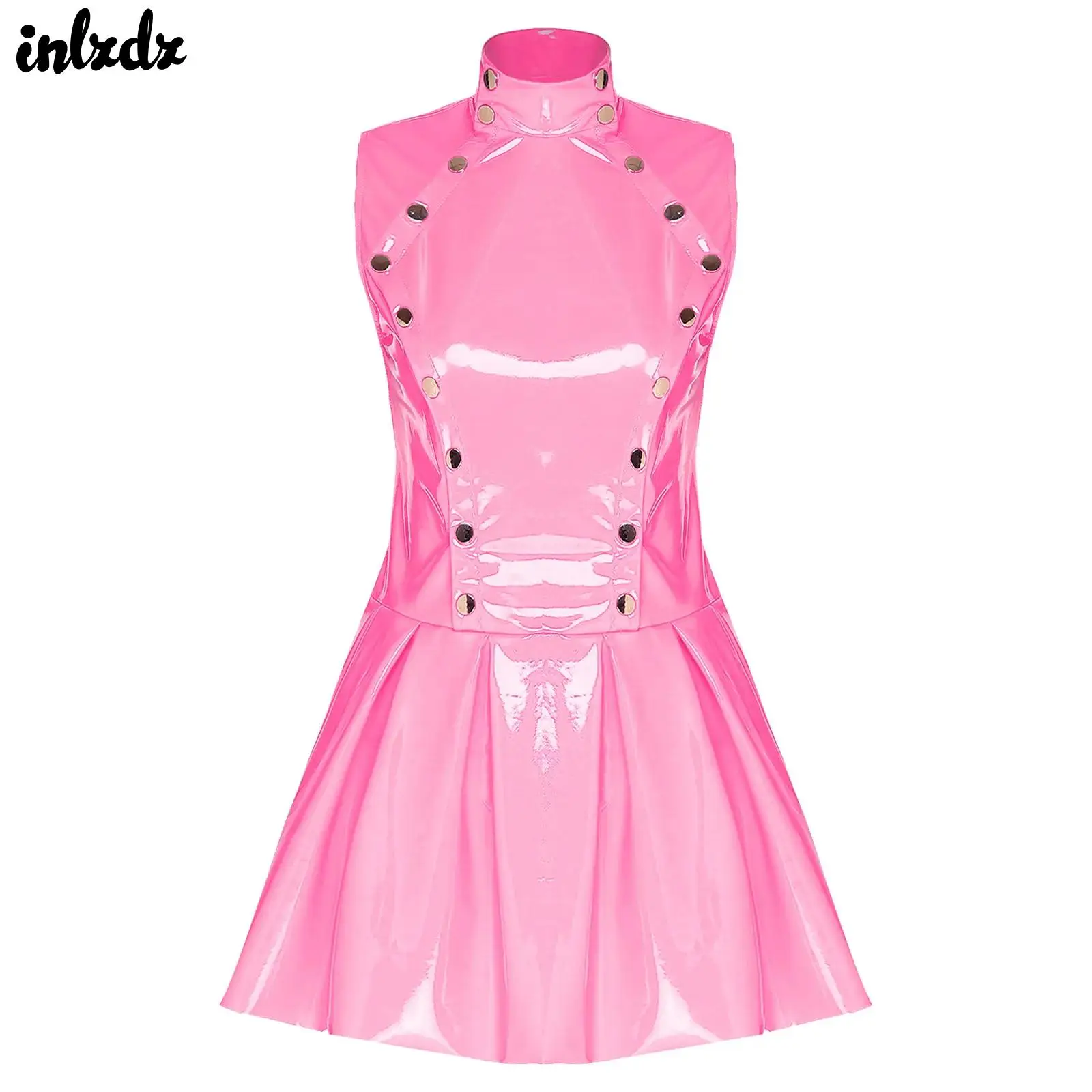 Womens Rivets A-line Wet Look PU Leather Latex Dress Open Front Pressing Buttons Overlay Flare Pleated Hem Glossy Vinyl Dress