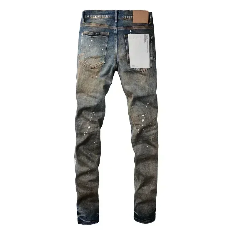 New Fashion Purples Man jeans with distressed paint and distressed holes Fashion brand Repair Low Rise Skinny Denim pants