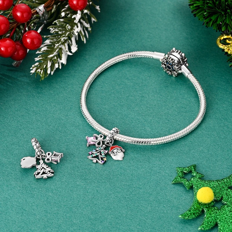 925 srebro przytulny romantyczny urok bożonarodzeniowy koraliki choinkowe Fit oryginalne bransoletki DIY Charms do tworzenia biżuterii prezent