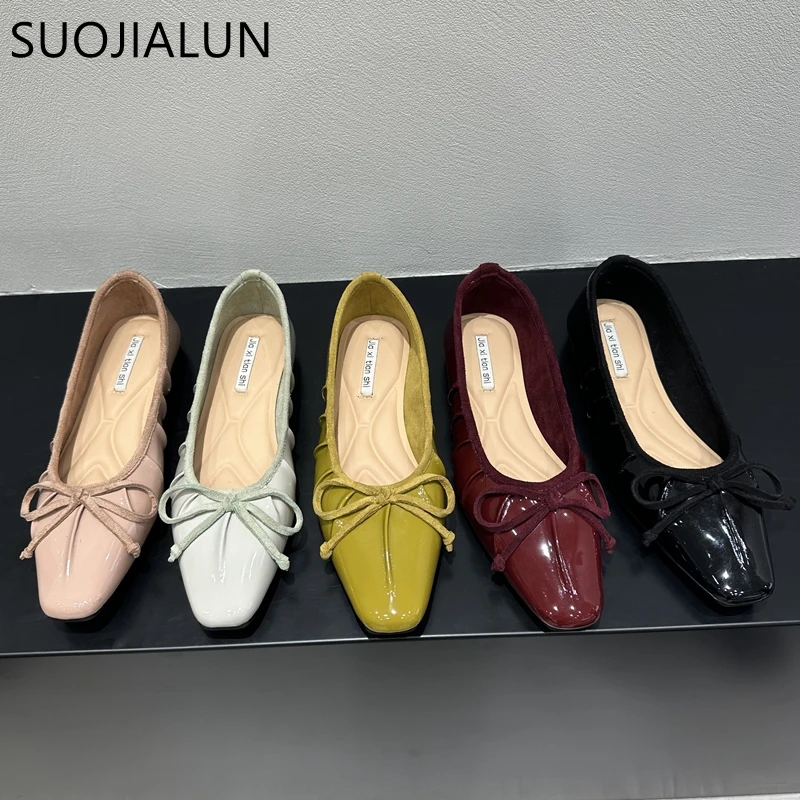 SUOJIALUN-zapatos planos plisados para mujer, bailarinas con punta redonda, sin cordones, con lazo, informales, para otoño, 2024