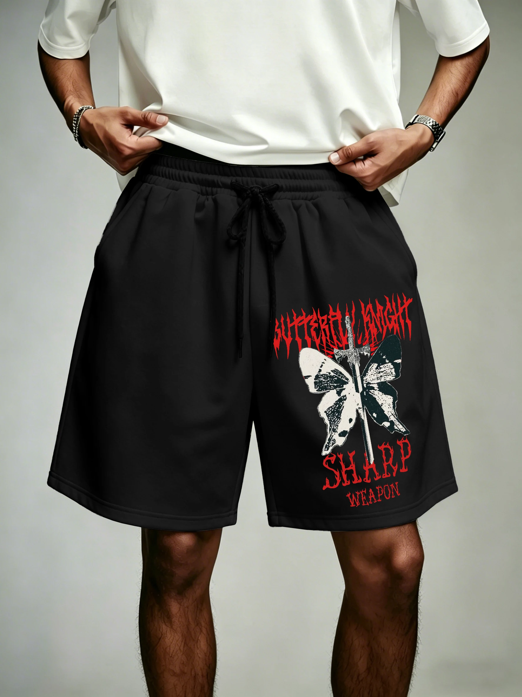 Men's Loose Casual Sports Shorts Butterfly Sword Gothic Letter Print Drawstring Elastic Waist Fitness Running Shorts