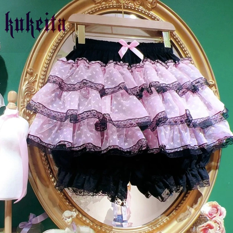 Harajuku Y2k Lolita Kawaii Pleated Skirt Japanese Sweet Women High Waist Ruffles Lace Cake Skirt Fairy Aesthetic Cute Bloomers