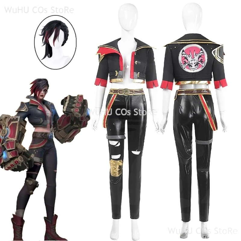 

Игра Arcane Season 2, Vi Acrane, парик для косплея, наряды из искусственной кожи, черное пальто, женский костюм LOL, Vi, карнавальный костюм на Хэллоуин