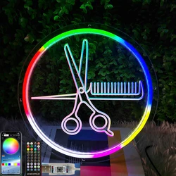 Bluetooth RGB Scissors Neon LED Signs, Light Up Room Decor, Pendurado na parede para barbeiro, Salão de cabeleireiro