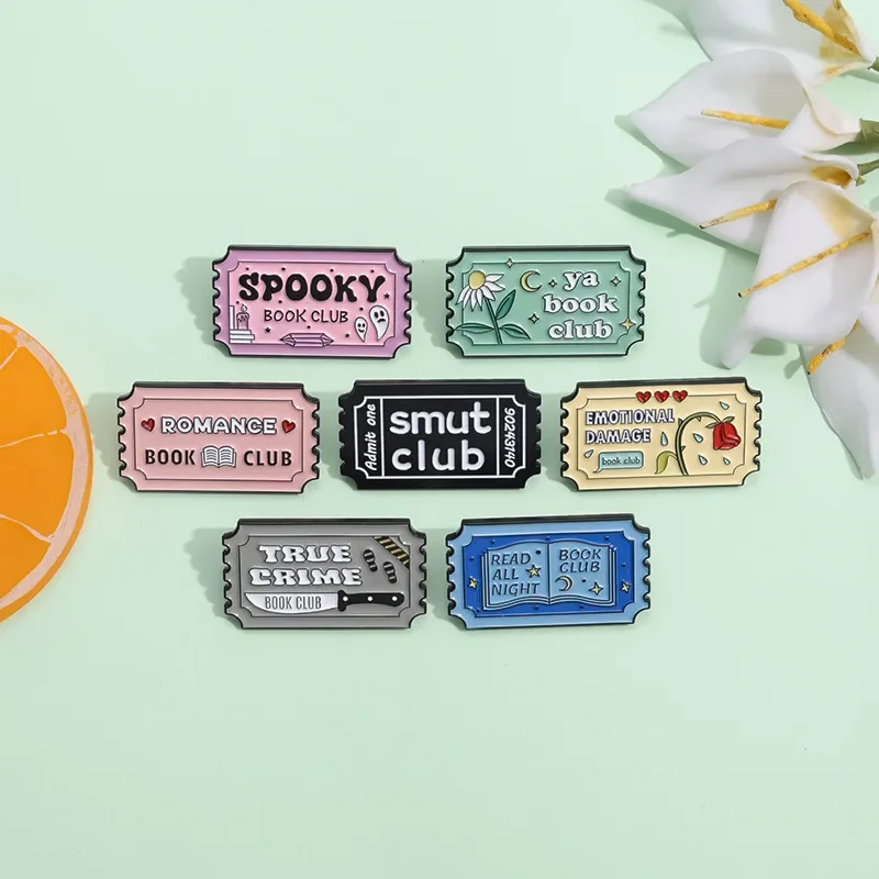 Custom Book Club Enamel Pins Read All Night Club Book Brooch Lapel Badges Vintage Stamp Funny Jewelry Gift for Friends Wholesale