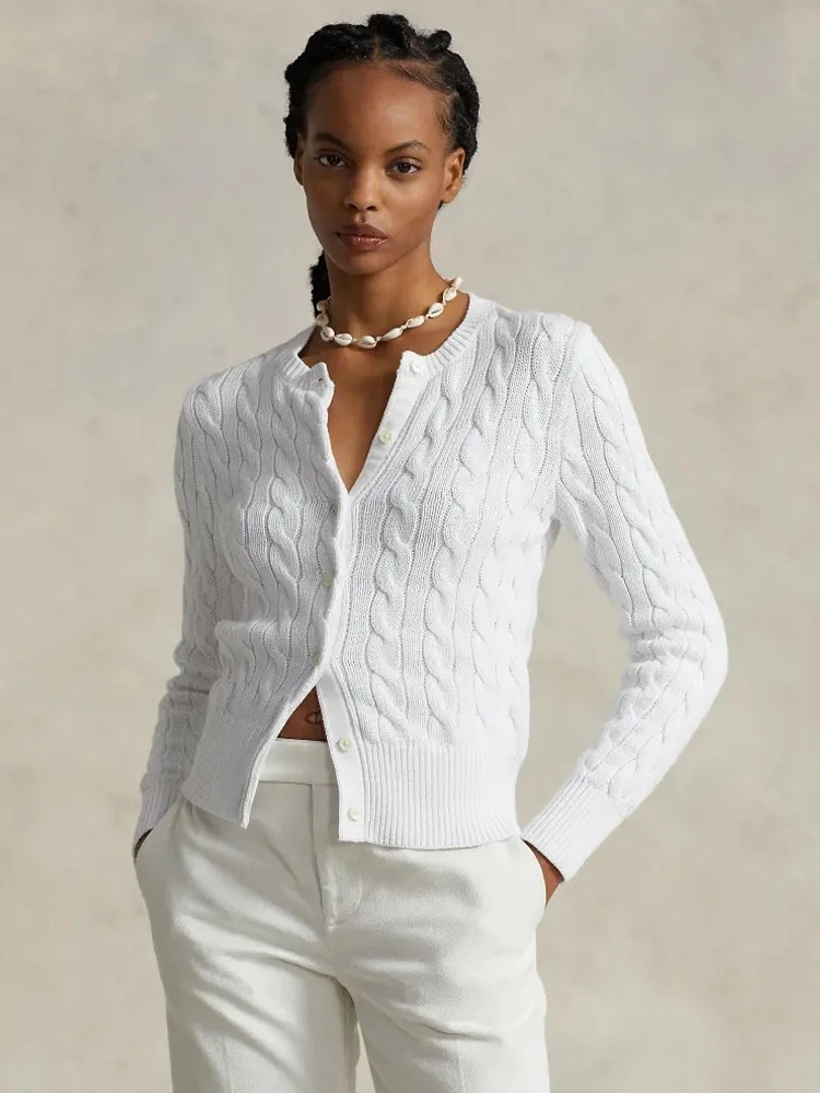 Autumn Winter New Sle Pure Color Twist Knit Sweater Cardigan White Pink Deep Blue Cotton Knitted Top Coat Women's Faion