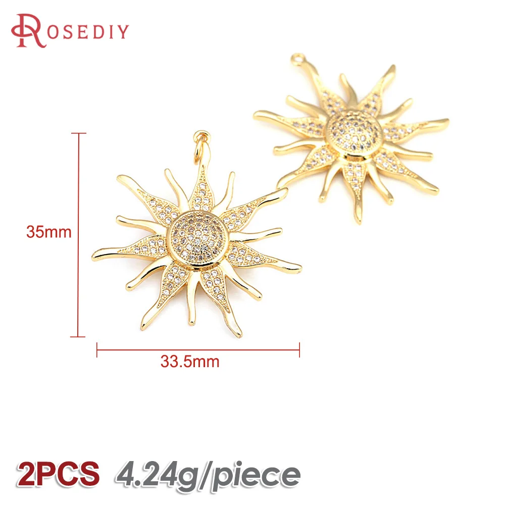 2PCS 35x33.5MM 18K Gold Color Brass and Zircon Sun Charms Pendants Jewelry Necklaces Making Supplies Diy Findings Accessories